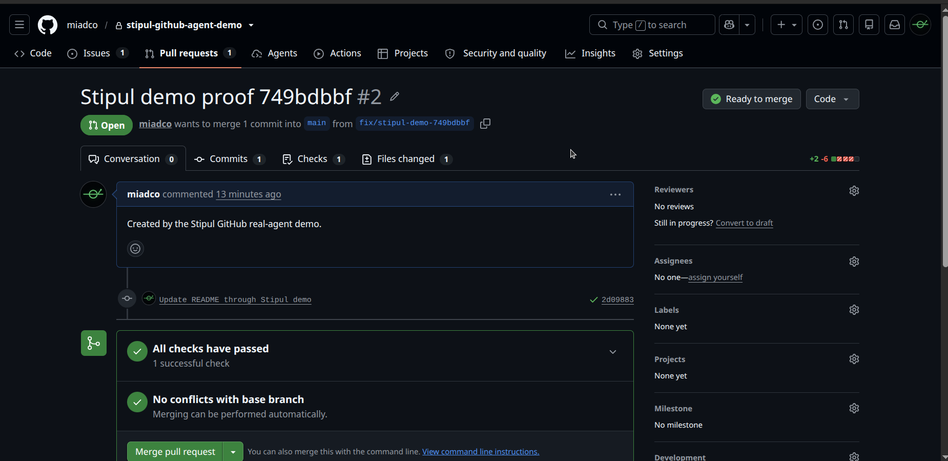GitHub pull request containing the repository change allowed through Stipul