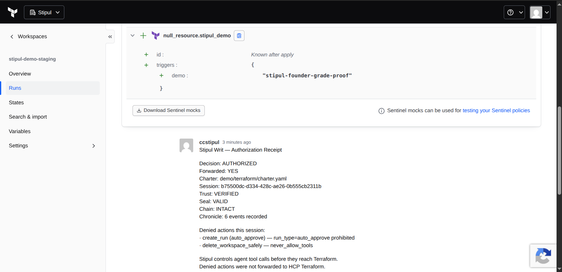 Stipul authorization receipt posted in HCP Terraform